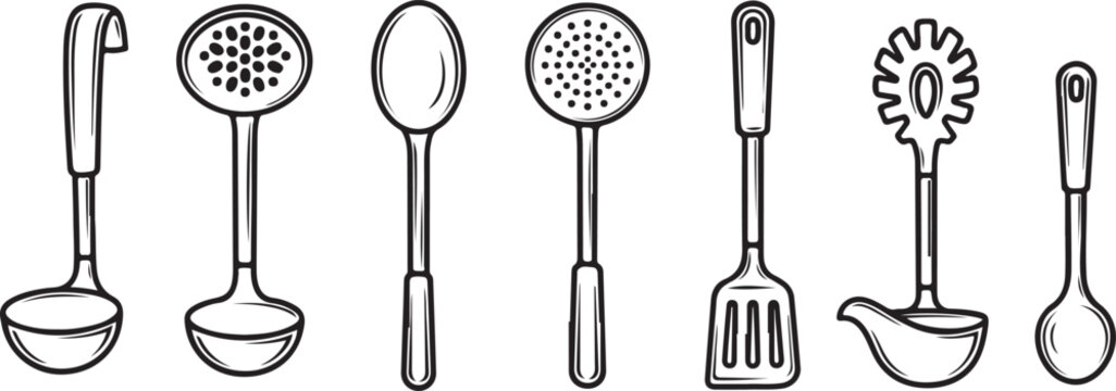 Different types of kitchen spoons and utensils on a white background Vector