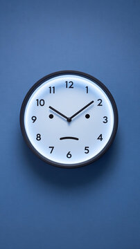 A Thought-Provoking Clock Design: Exploring Emotions through a Modern Minimalist Timepiece with a Frowny Face Expression on a Serene Blue Background