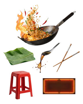 Stir Fry Cooking Action: Ingredients Isolated on White Background
