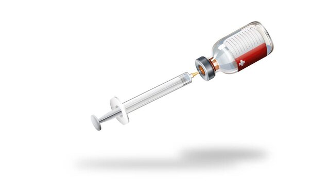 Medical syringe drawing liquid medicine from glass vial bottle for healthcare vaccine injection animation.