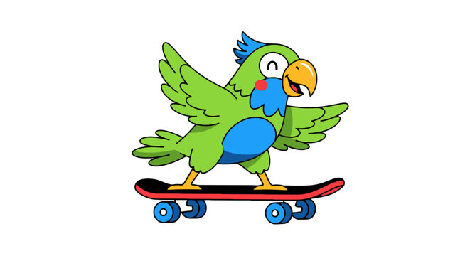 Green parrot cartoon character riding skateboard with happy expression and outstretched wings against a white background in vector illustration style