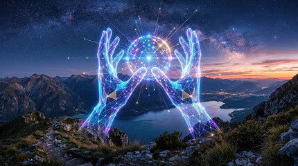 Obraz premium Glowing hands hold a celestial sphere above a serene mountain lake at sunset