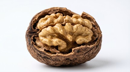 Fototapeta premium Close-up of whole walnut with cracked shell on white background