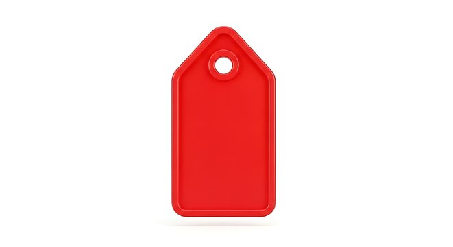 Red plastic tag or label with hole for string on white background