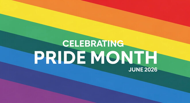 Image with rainbow-colored stripes and white text celebrating Pride Month in June 2026, representing acceptance, diversity, and community spirit
