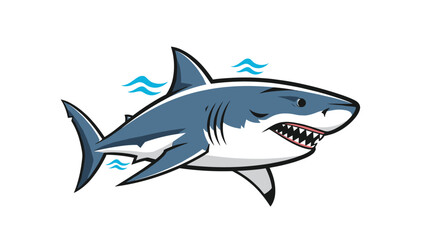 Naklejka premium Powerful great white shark swimming through the water with abstract blue wave symbols on a white background.