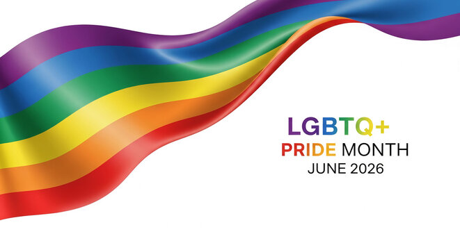 Rainbow colored wave on a white background. LGBTQ+ pride month in June 2026 is written to the right, symbolizing diversity and inclusion
