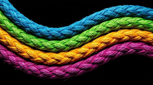 Ropes in vibrant blue, green, yellow, and magenta colors are braided together to create a textured pattern against a dark background.