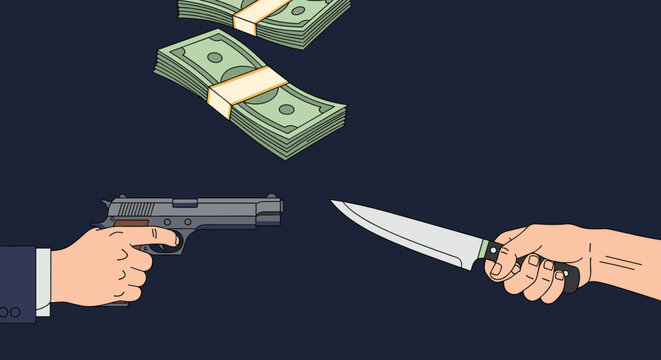 Conflict between two people using gun and knife to fight for stolen money falling from top on a dark background.