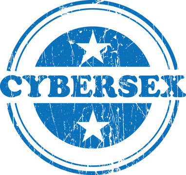 Blue circular rubber stamp with distressed texture and the word cybersex in center
