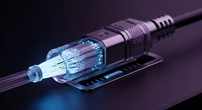 Fiber optic cable end with blue light emanating from the connector technology communication