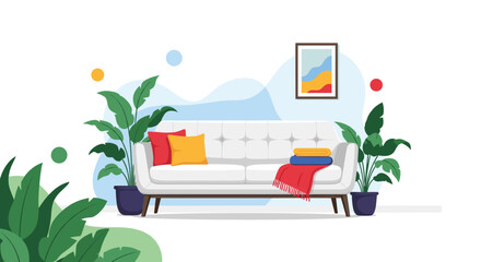Fototapeta premium Modern cozy living room interior with white sofa colorful cushions red blanket and various lush green indoor plants.