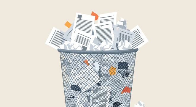 Metal wire trash can overflowing with wasted paper documents and crumpled sheets representing office waste or failed ideas.