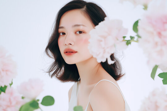 日本人, 女性, 20代, 美肌, 透明感, ビューティー, 白背景, 花, 前ボケ, スキンケア, 笑顔, 清潔感, 爽やか, ポートレート, ナチュラル, キャミソール, 白, 輝き, 美白, 黒髪, ロングヘア, 1人, ライフスタイル, 健康的, 潤い, ツヤ肌, 瑞々しい, ミニマル, 清楚, 可愛い, 広告素材, コピースペース, 切り抜き, ウェブ素材, 基礎化粧品, コスメ, 化粧