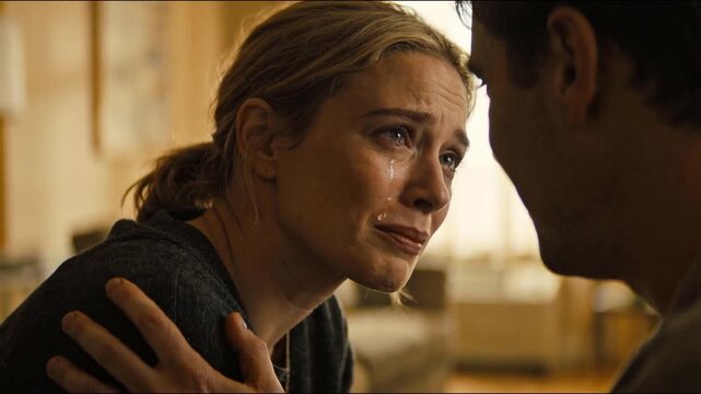 An emotional woman being comforted by a man in an intimate moment, capturing support, empathy, and human connection during a difficult situation.