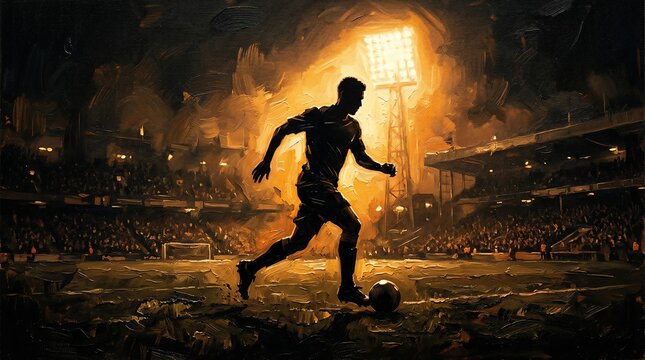 Soccer Player Silhouette Dribbling Ball in Stadium at Night