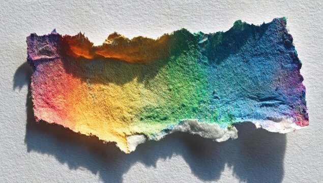 Torn, textured paper fragment, showcasing a spectrum of rainbow colors. Light and shadow interplay