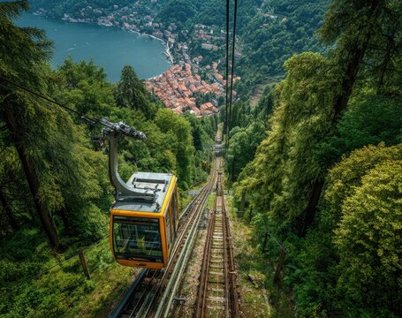 Aerial view of a funicular railway descending through lush, green mountains toward a lake town