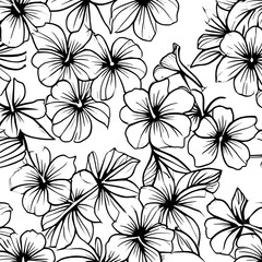 Fototapeta premium Clustered black and white hibiscus flower pattern for textile, wallpaper, packaging, and surface design.