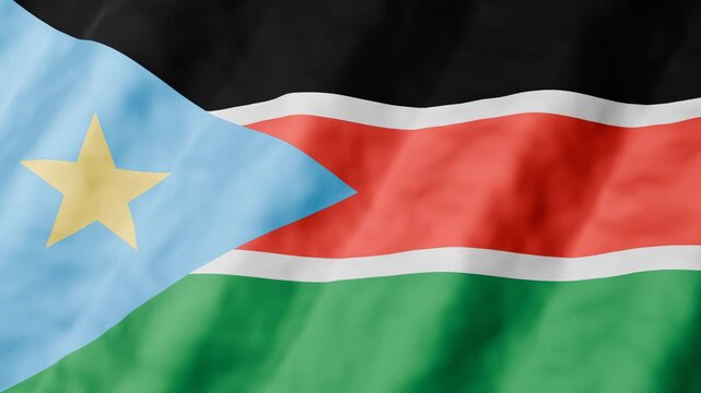 3D animation of South Sudan national flag waving in seamless loop. Black, red, green stripes with blue triangle and yellow star symbolizing unity, freedom and identity. 4K motion graphics background.