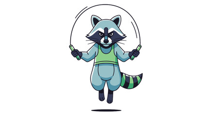 Fototapeta premium Cartoon raccoon character skipping rope in athletic workout gear; fun vector mascot design on white for active lifestyle concepts