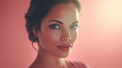 Fototapeta premium Stunning portrait of a serene woman with captivating eyes and soft features against a pink background showcasing beauty and elegance in natural light