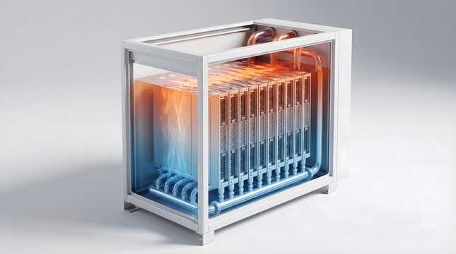 Immersion cooling system for high-performance computing, 3D illustration of liquid cooled server rack with heat exchange visualization
