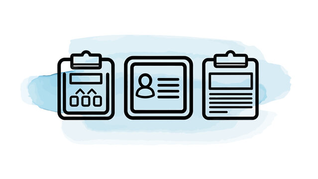Clipboard icons representing data and information with clipboard document information checklist business management organization analysis research statistics template application formality