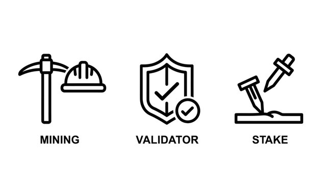 Blockchain technology icons: mining validator stake with smart contract proof of work blockchain validator cryptocurrency technology security computer illustration abstract decentralized