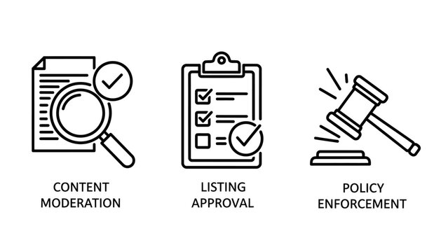 Icons for content moderation listing approval policy enforcement with gavel moderation approval enforcement magnifying clipboard checklist document illustration business regulation