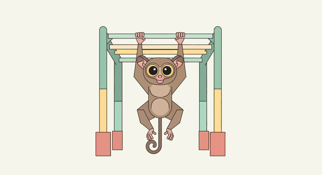 Cute cartoon tarsier hanging on colorful jungle gym monkey bars playful animal illustration in whimsical style beige background