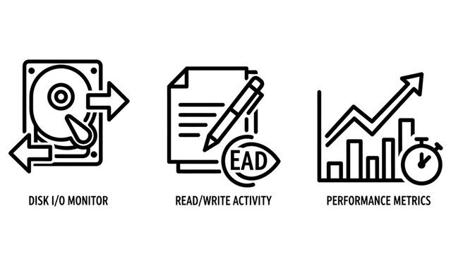 Icons for disk monitoring read-write activity performance metrics with hard drive upward trend transfer document stopwatch technology illustration computer software performance analysis