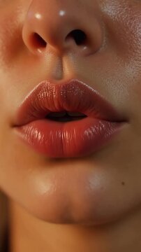 Close-up of glossy lips with vibrant lipstick, showing subtle movements and expressions