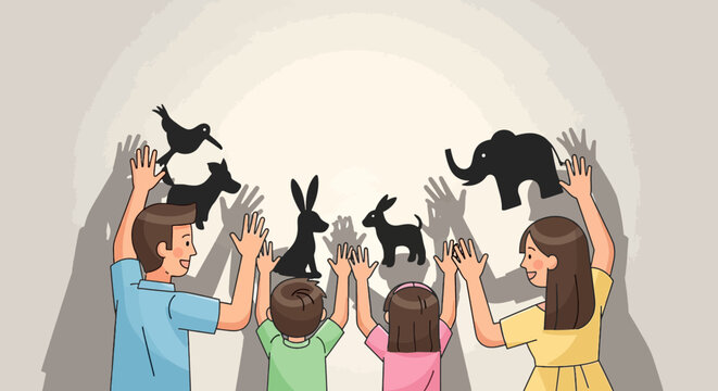Family makes hand shadow puppets including dog bird elephant and bunny silhouettes against a wall in a cartoon style
