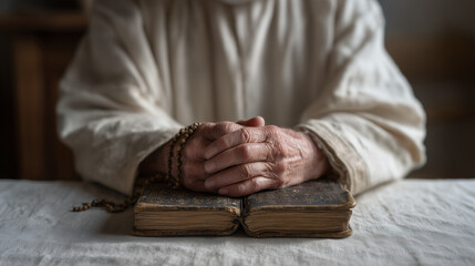 Fototapeta premium WWII survivor's hands holding a worn leather prayer book and rosary, close-up still life on a linen tablecloth, faith and war memory, elderly Catholic veteran, spiritual resilience, wartime religion