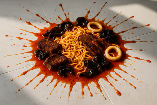 Dynamic messy splash of spicy Korean beef brisket Jjamppong noodle soup on a grey floor. Oops! moment concept