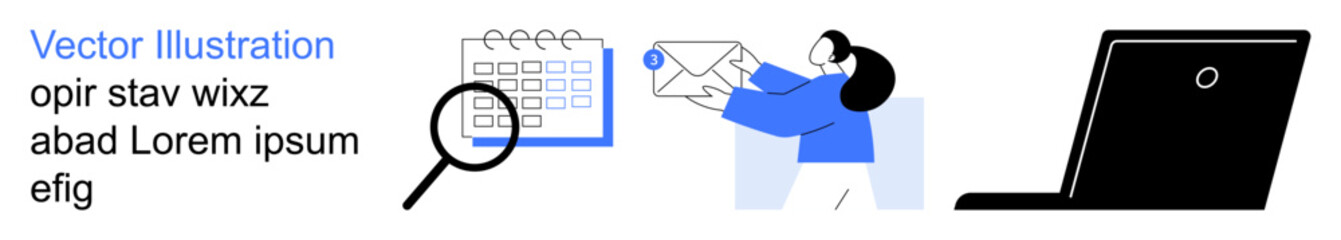 Naklejka na ściany i meble Business communication, remote work, scheduling, online collaboration, productivity, and time management. A person holding an envelope, a calendar with a magnifying glass and a laptop. Communication