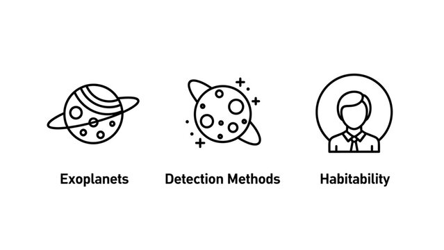 Exoplanets detection methods habitability icons representing astronomy and space exploration concepts with solar system line art white background earth like exoplanets detection habitability