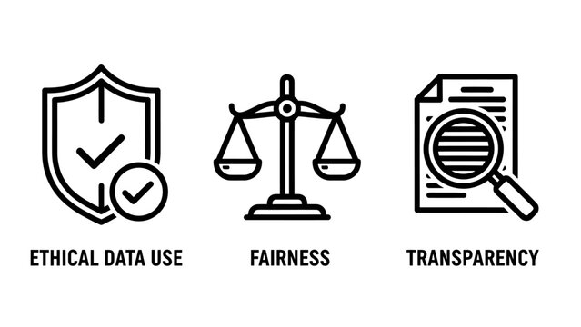 Ethical data use fairness transparency icons representing business principles and digital governance with line art magnifying glass fairness transparency principle integrity security compliance