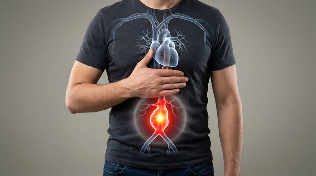 Man touches his chest with a luminous medical graphic showing the human heart and an abdominal aorta aneurysm highlighted in red.