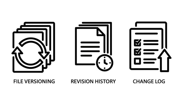 File versioning revision history change log icons depicting document management and version control concepts with data management record keeping software development information technology
