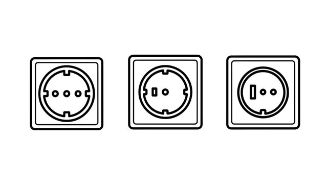 Three electrical wall sockets outlines representing different power outlet types and standards with line art white background electrical engineering power cord power supply unit electrical