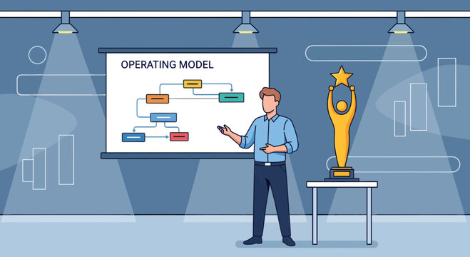 Man presenting business operating model chart.