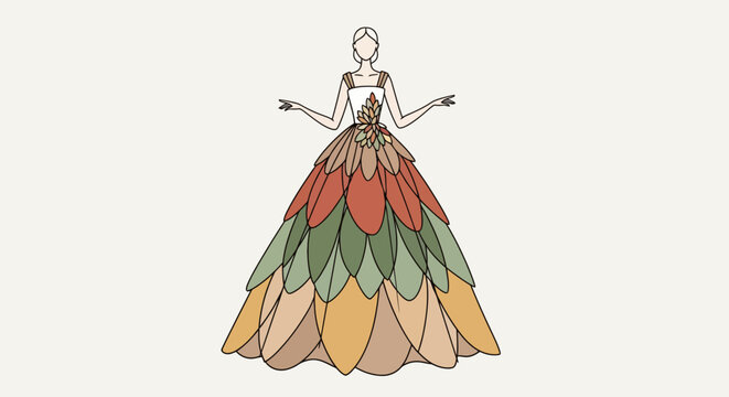 Illustration of a woman wearing an elegant gown with a tiered skirt made of colorful leaf-shaped panels fashion art