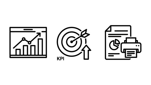 Business analytics and reporting line icons set with kpi target performance chart document printing business analytics reporting performance increase document statistics analysis financial