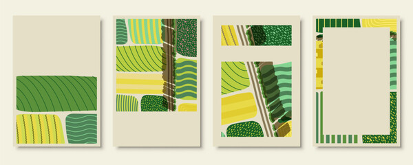 Agriculture field pattern, aerial view card poster with copy space. Countryside grassland, farm land from top. Geometric farmland patches, padded mosaic country background. Flat vector illustration © Lidiia Shapoval