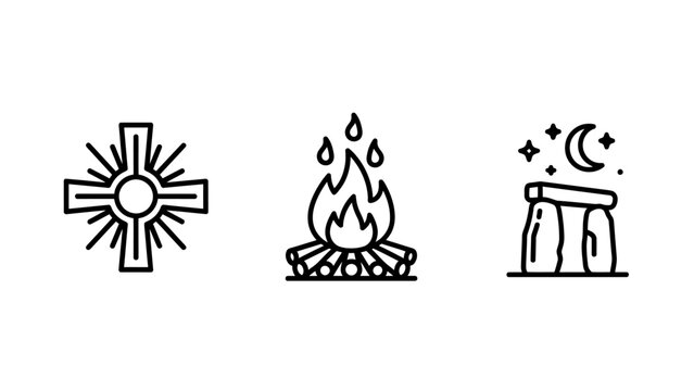 Set of pagan and ancient symbols representing nature spirituality megalithic culture with sun cross stone circle icon set line art black and white spirituality campfire megalith folklore