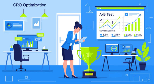 Woman Looking at Trophy in Office.