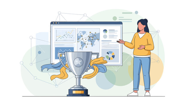 Woman pointing at trophy cup.