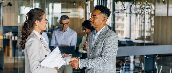 White female executive greeting black entrepreneur with handshake © Kostiantyn